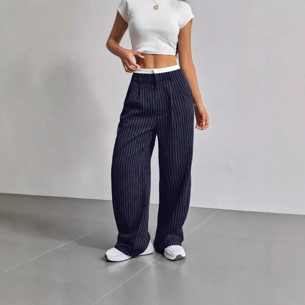 Women's High Waisted Stripe Straight Pants for Office Wear
