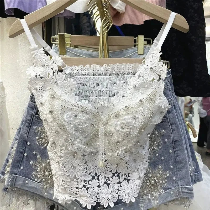 Floral Beaded Tank Top for Women - Y2K Style Crop Top