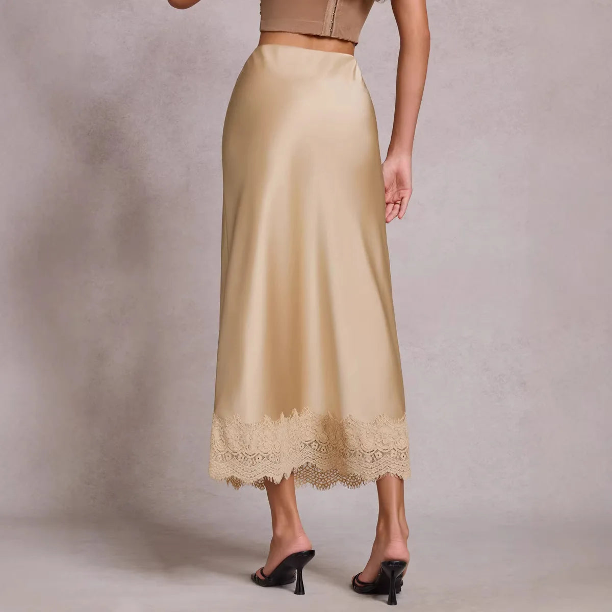 Elegant Satin Midi Skirt for Women with Lace Detail