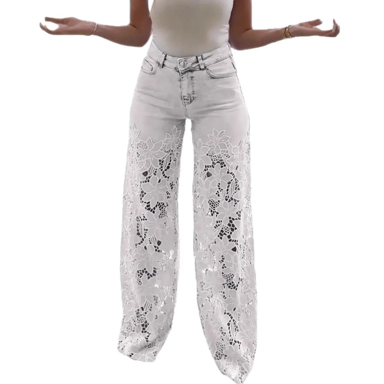 Lace Hollowed Out Wide Leg Jeans for Women in Solid Colors
