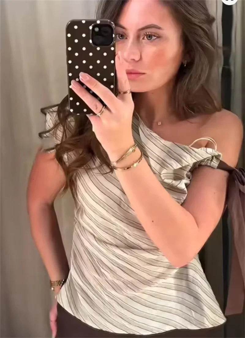 Women's Top T-Shirt 2026 Summer Fashion Casual Striped Bowknot Decoration Asymmetrical Sleeveless Elegant Unique Everyday Street