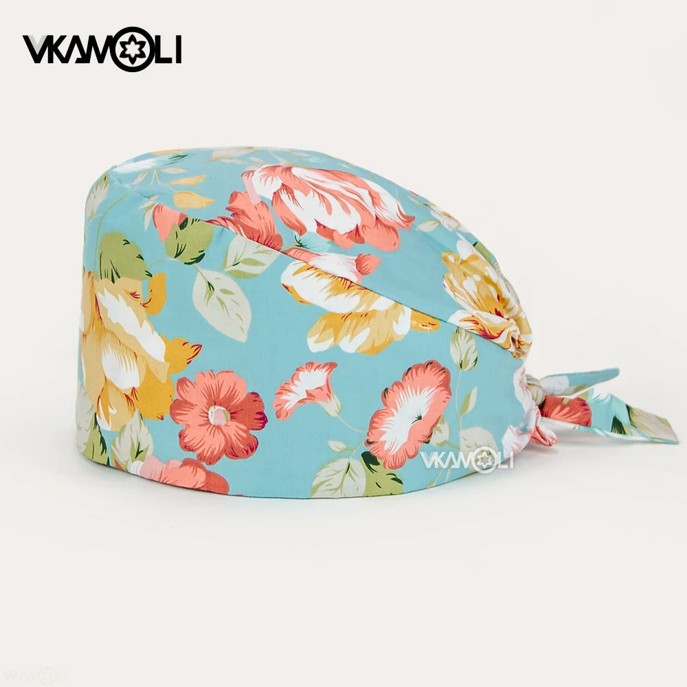 Adjustable Cotton Flower Print Scrub Caps for Women and Men