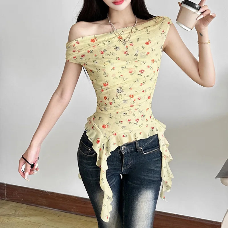 Floral Polyester One Shoulder Tank Top for Women by bywindto