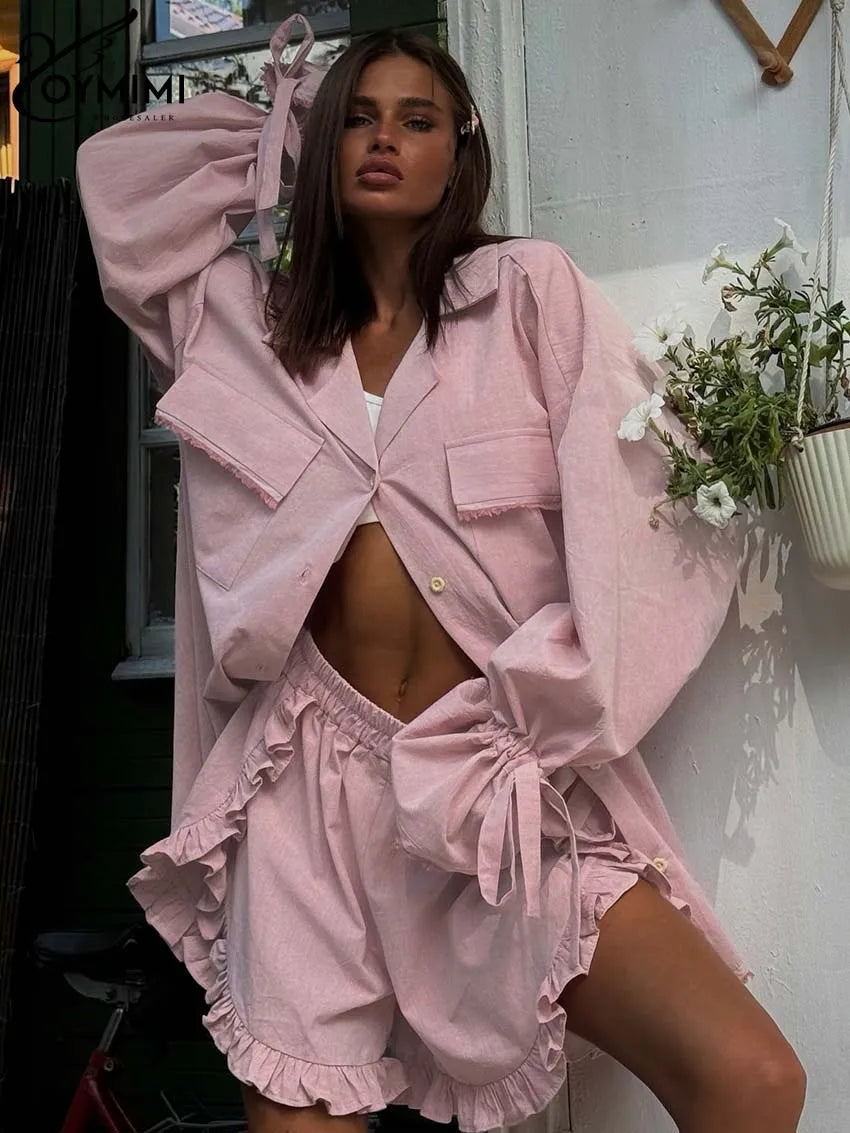 Oymimi Elegant Pink Cotton 2 Piece Set for Women