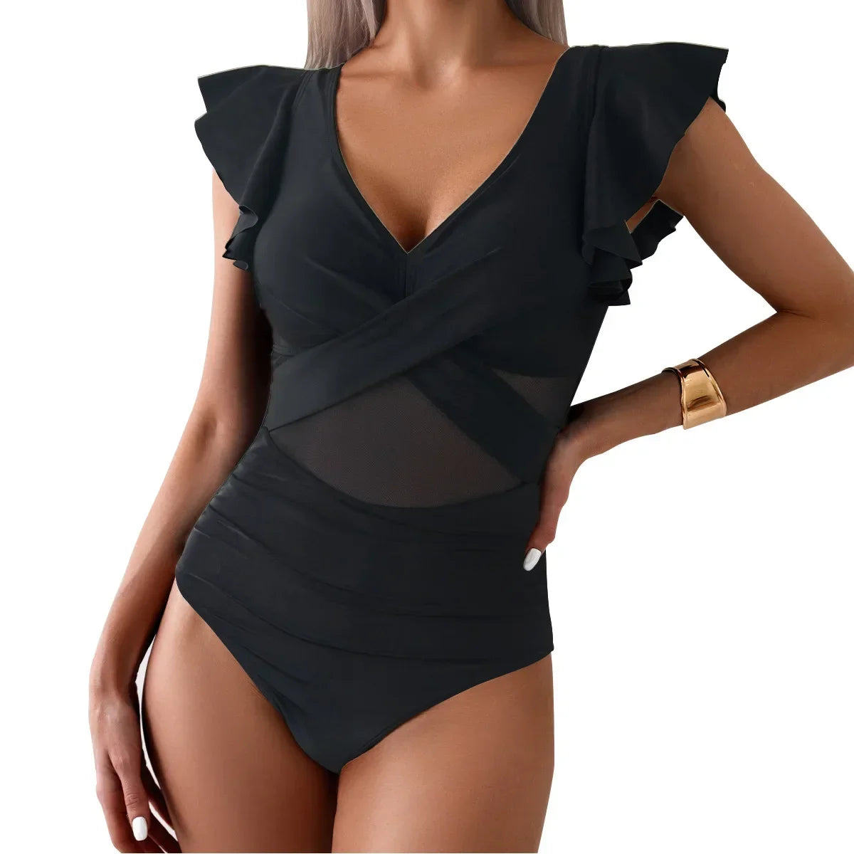 V Neck Tummy Control Women's Bikini Swimsuit with Ruffles