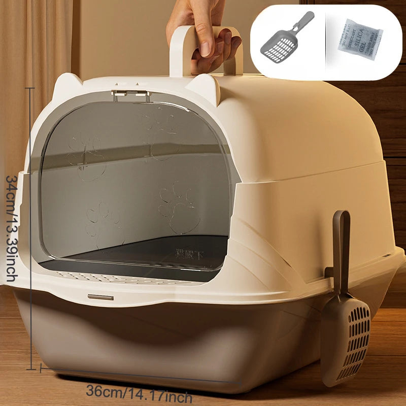 Spacious Fully Enclosed Cat Litter Box with Carrying Handle