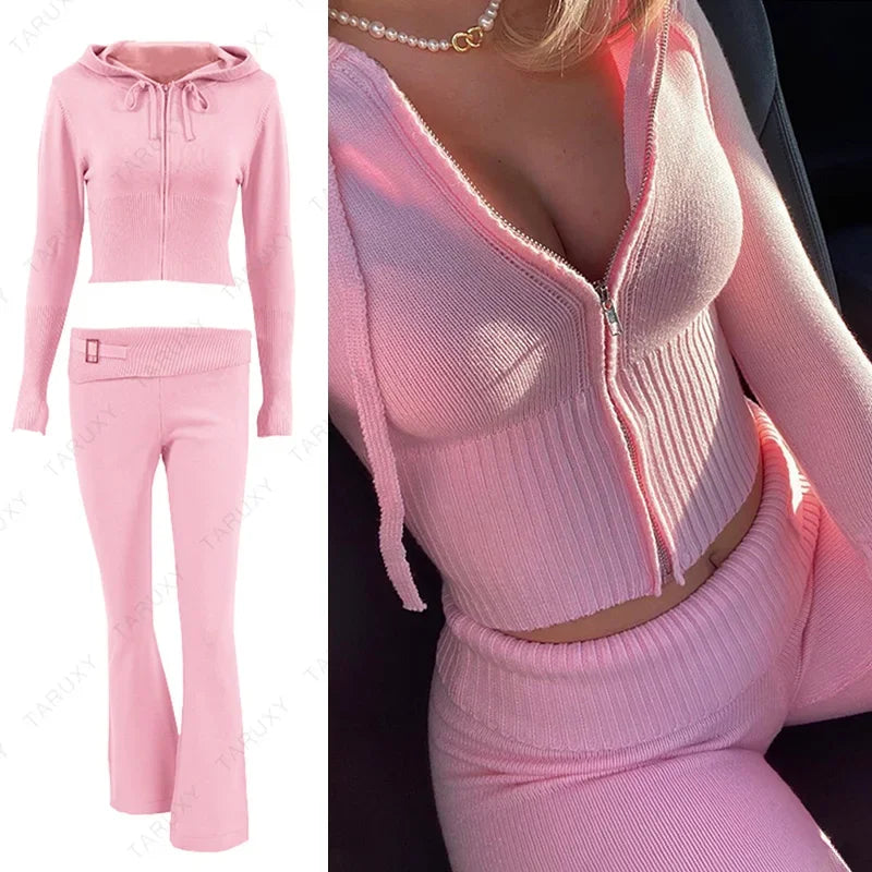 TARUXY Women Zipper Hoodie Set with Flare Pants for Casual Wear