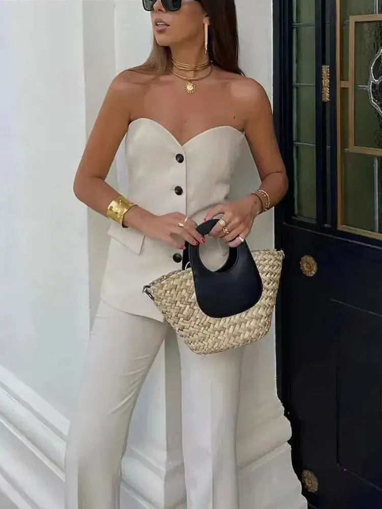 HH Women Solid Pant Suit Strapless Tank Tops and Slit Trousers