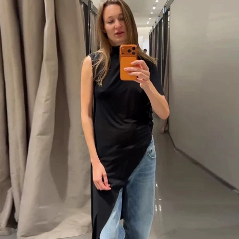 Asymmetrical Pleated Black Top for Women in Polyester