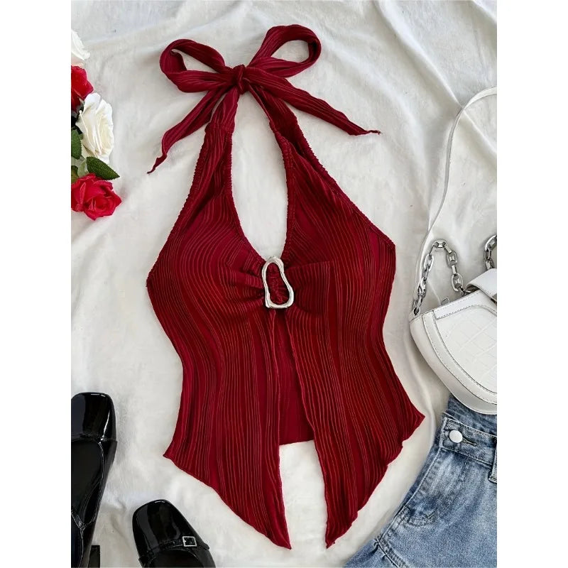 Women's Sexy V-neck Halter Neck Crop Top in Solid Colors