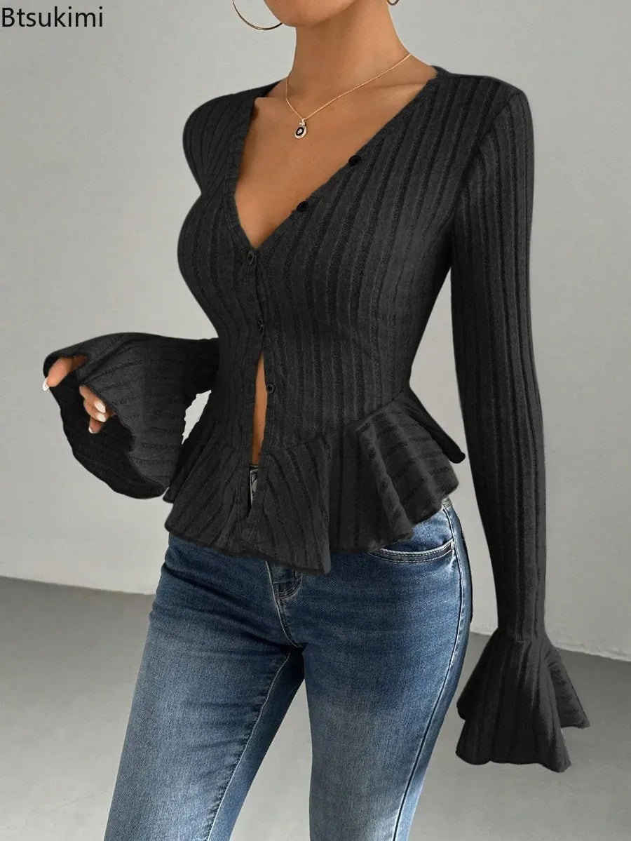 2026 Women's Sexy V Neck Ruffle Trim Slim Brushed Tops Spring Autumn Fashion Long Sleeve T-Shirts Female Elegant Commuting Tops