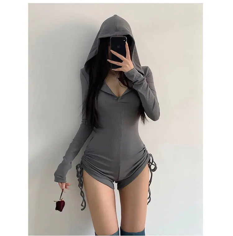 Korea Vintage Hooded Slim Casual Bodysuit for Women