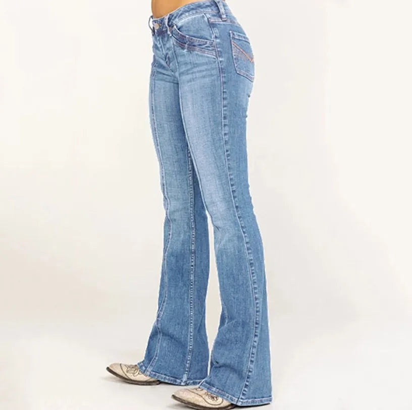Chic Women's Low Waisted Flared Jeans in Cotton Denim