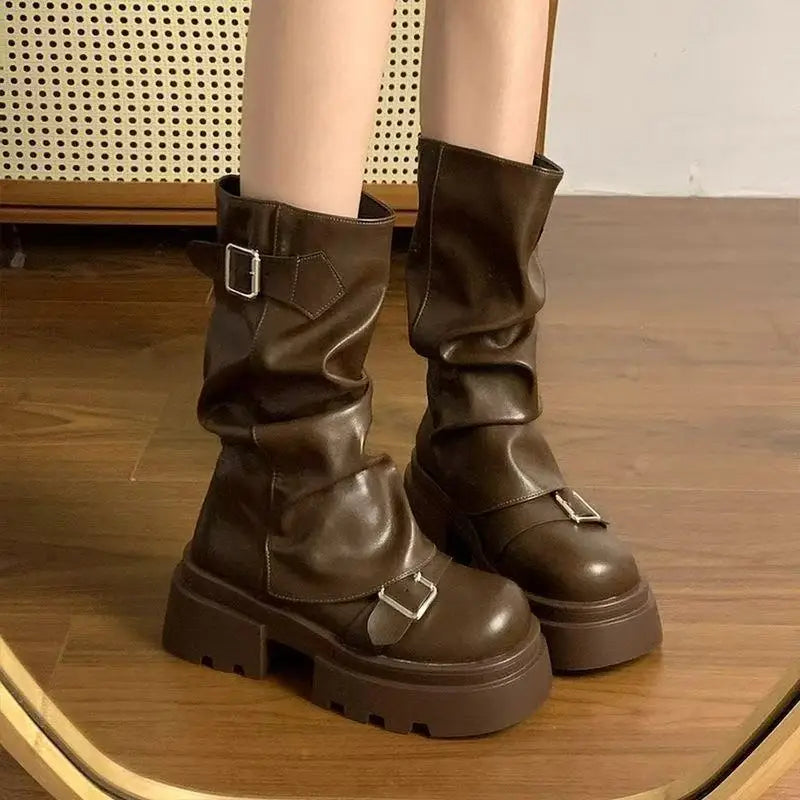Mid-Calf Women's Platform Boots with Buckle and Side Zip