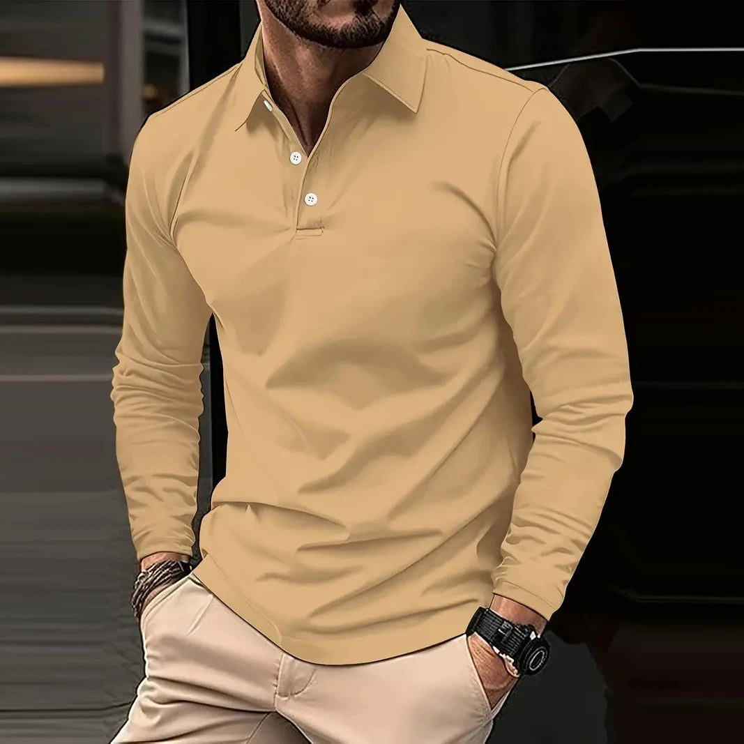 2024 Autumn Men's Polo Shirts Turn-Down Collar Solid Long Sleeve Smart Casual Polos Man Fashion Breathable Loose Tees Tops Men