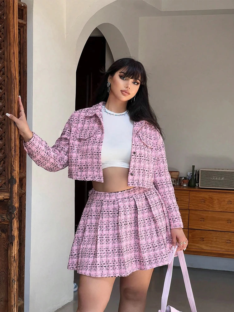 Plus-Size Women's Tweed Blazer and Mini Skirt Set