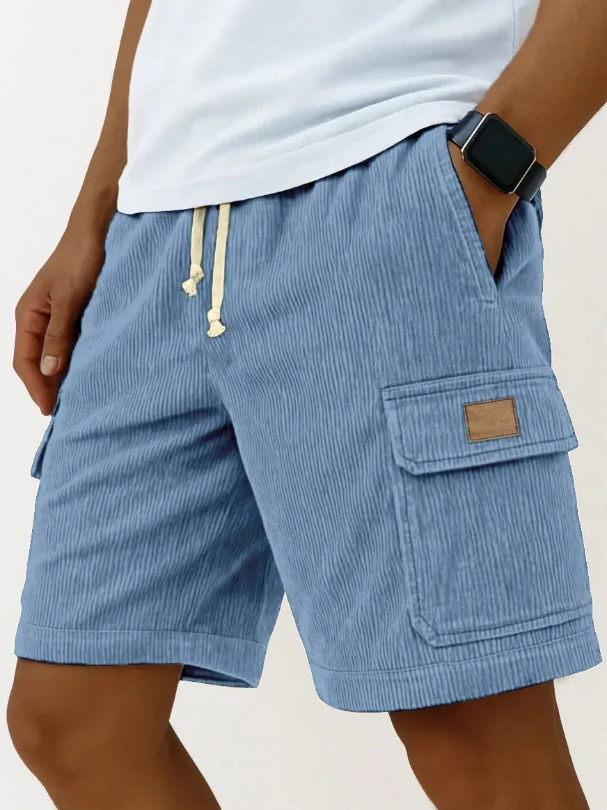Men's Workwear Shorts Summer Casual Corduroy Loose Elastic Waist Multi-Pocket Leisure Pants Embroidery Retro Style Male Trousers