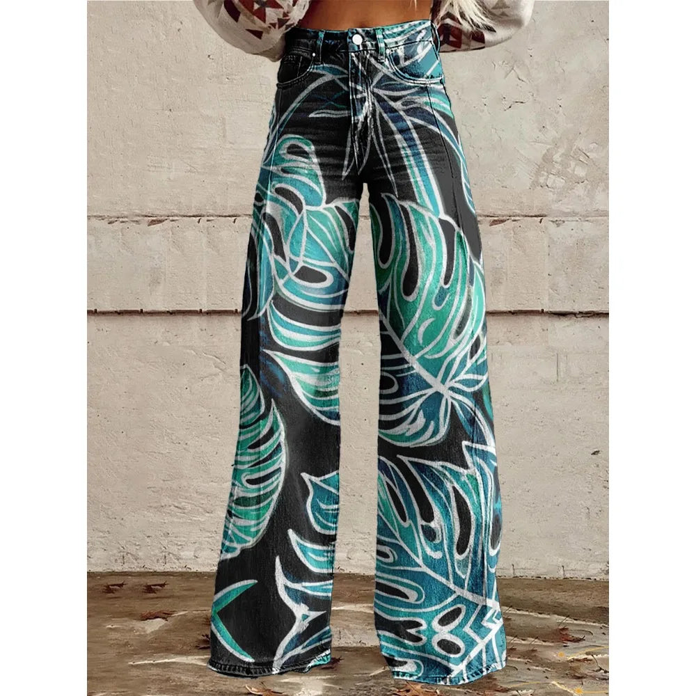 Colorful Tropical Leaf Print Wide Leg Pants for Women