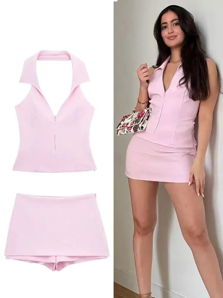 HH Women Chic Halter Backless Top and Shorts Set in Sweet Pink