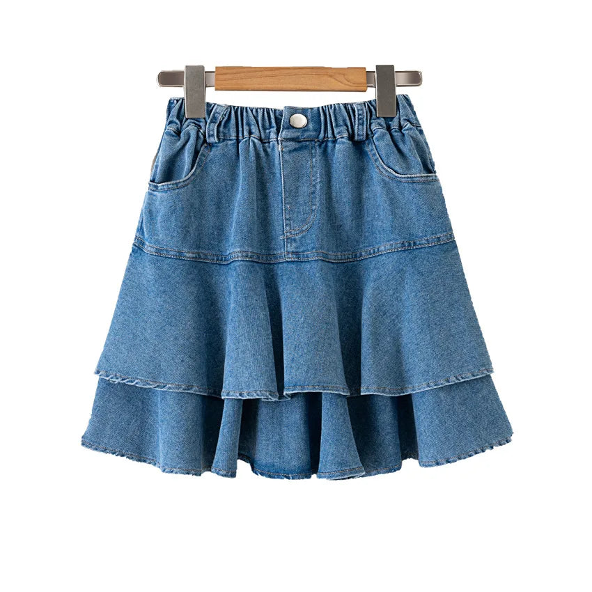Girls Blue Cotton Denim Ruffle Skirt for Casual Summer Wear
