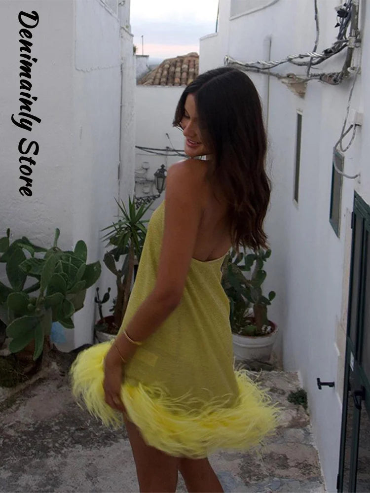 Chin.Sweety Sexy Feather Patchork Sling Dress for Women