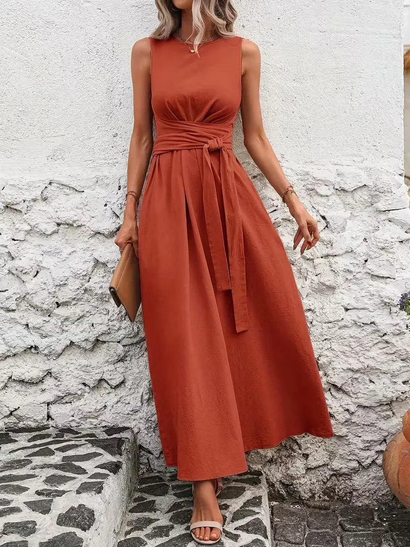 Elegant A-Line Midi Dress for Women in Solid Color