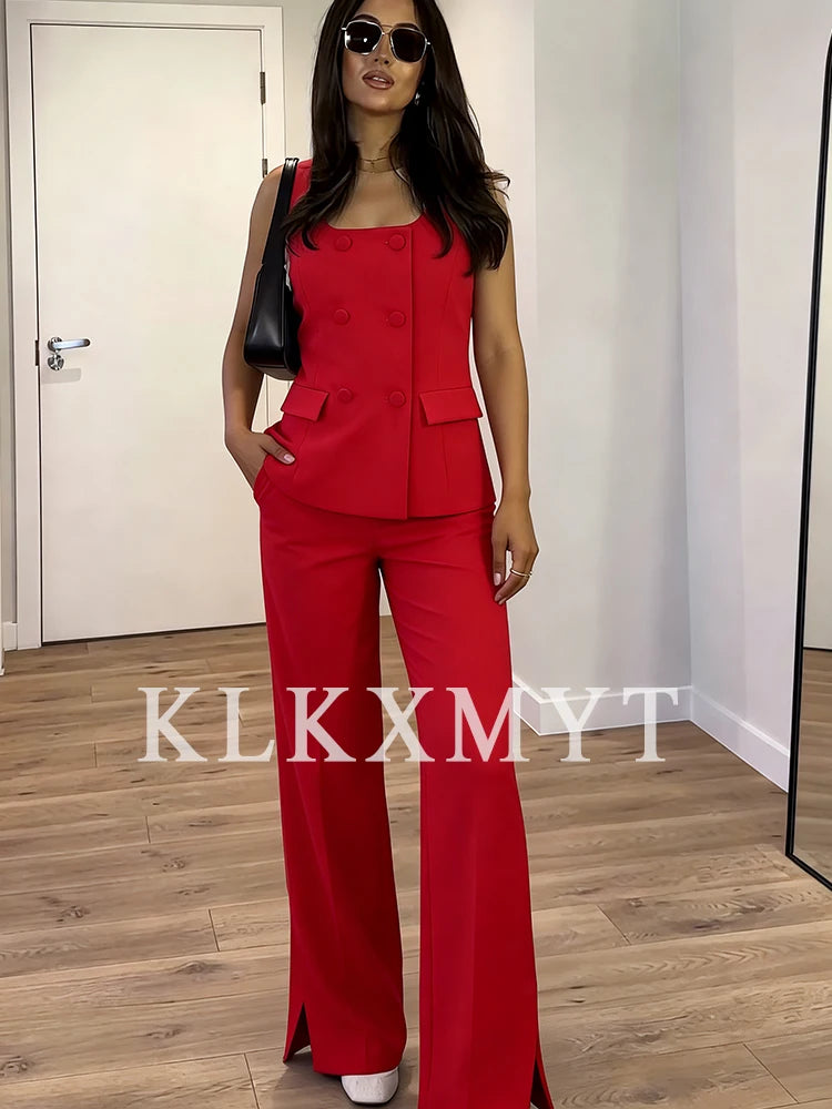 Klkxmyt Women's Vintage Office Suit Set with Chic Vest and Pants