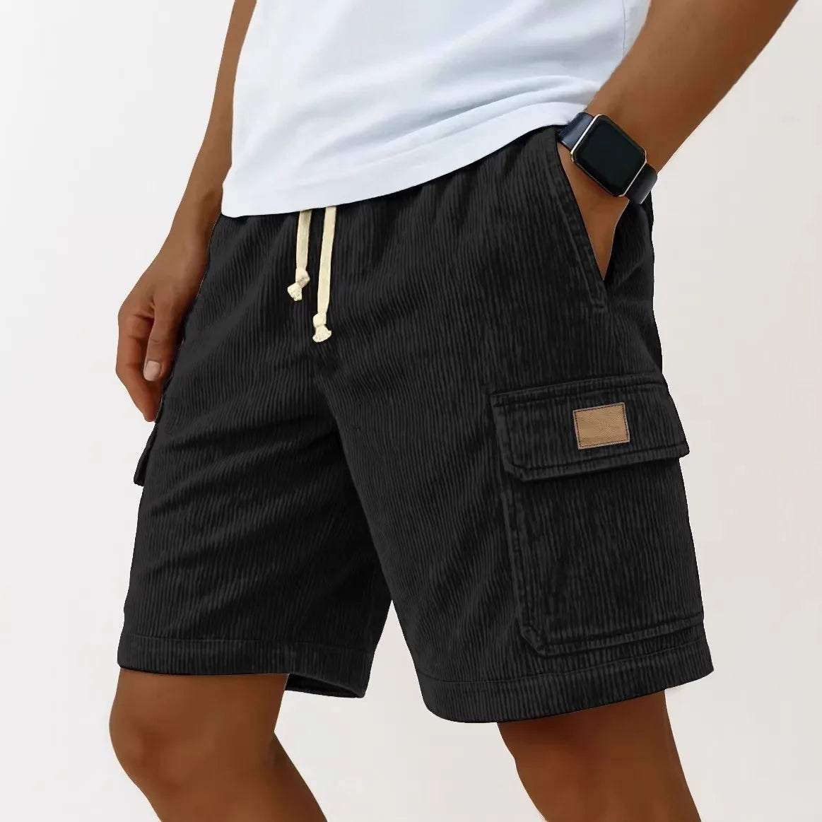 Men's Workwear Shorts Summer Casual Corduroy Loose Elastic Waist Multi-Pocket Leisure Pants Embroidery Retro Style Male Trousers
