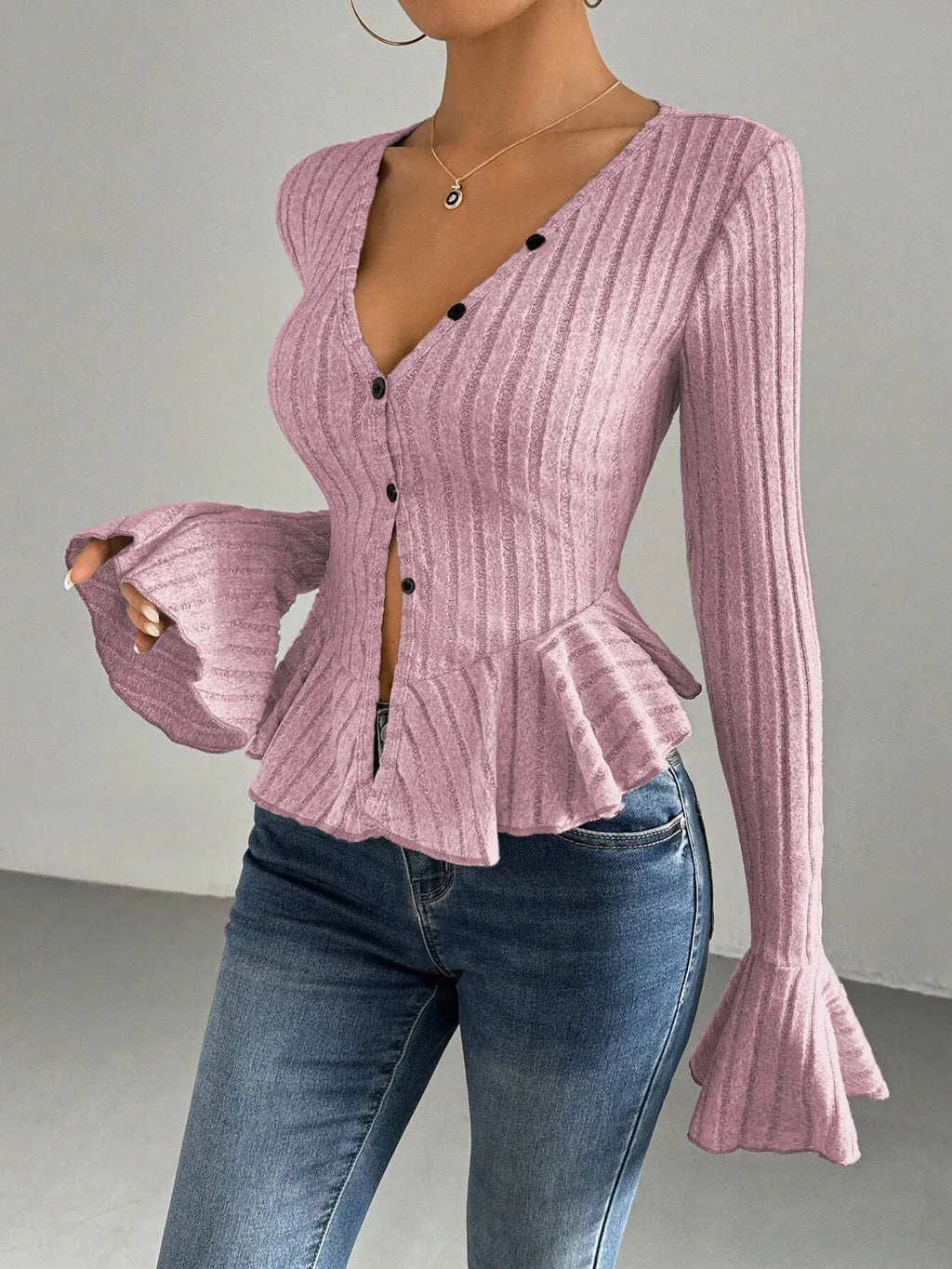 2026 Women's Sexy V Neck Ruffle Trim Slim Brushed Tops Spring Autumn Fashion Long Sleeve T-Shirts Female Elegant Commuting Tops