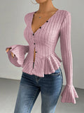 2026 Women's Sexy V Neck Ruffle Trim Slim Brushed Tops Spring Autumn Fashion Long Sleeve T-Shirts Female Elegant Commuting Tops