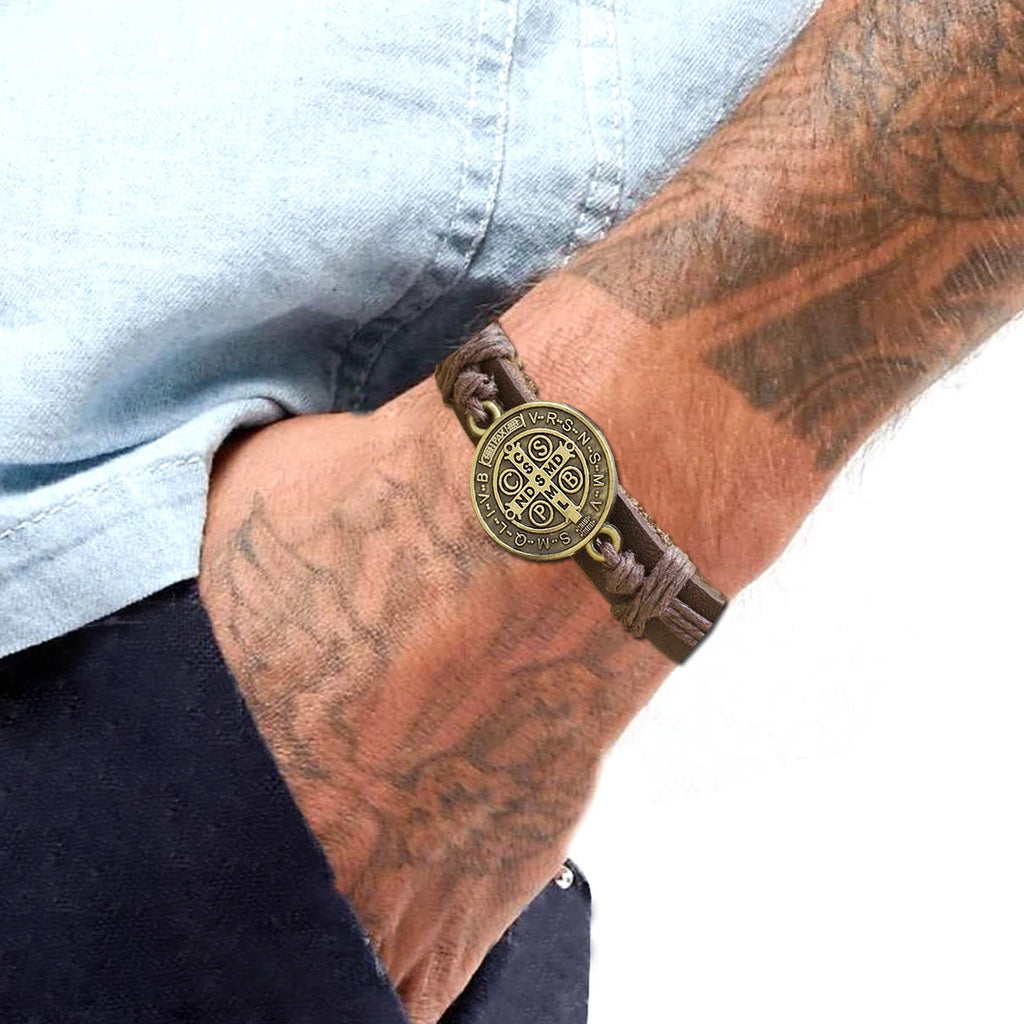St. Benedict Medal Leather Bracelet for Unisex Fashion