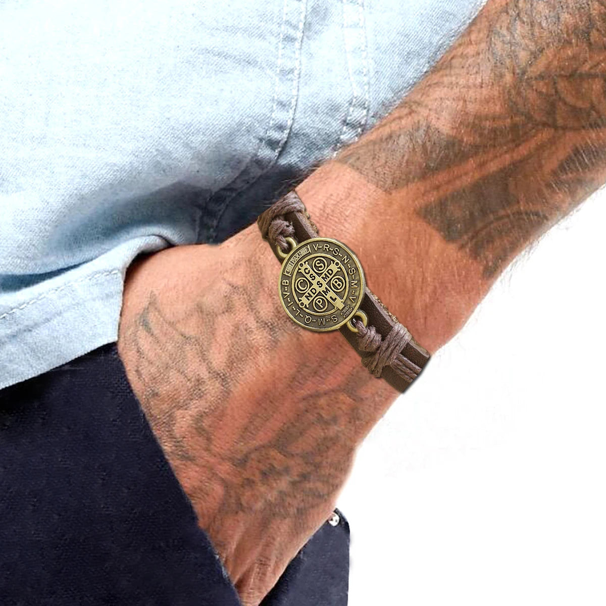 St. Benedict Medal Leather Bracelet for Unisex Fashion