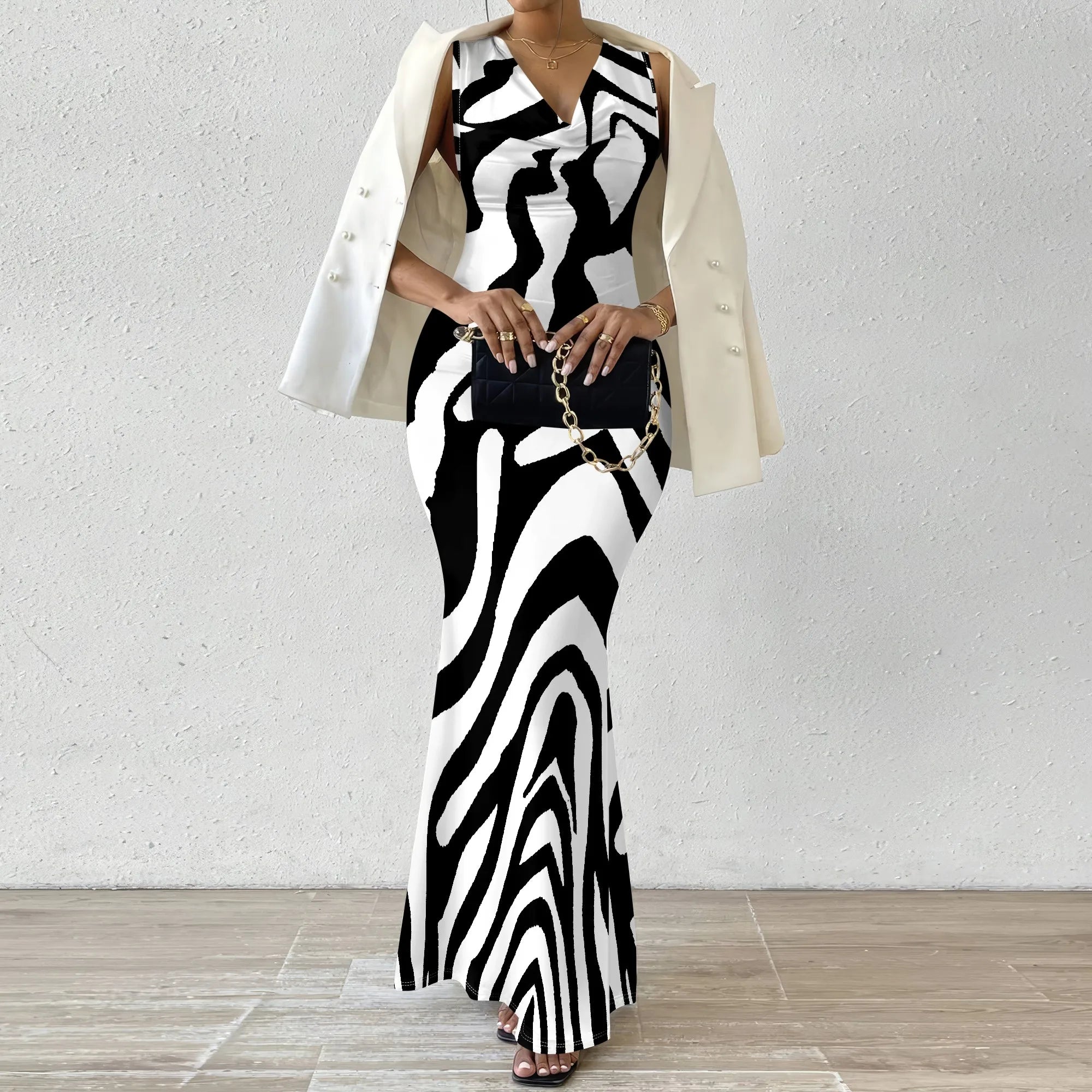 Colorful Geometric Off-Shoulder Maxi Dress for Women