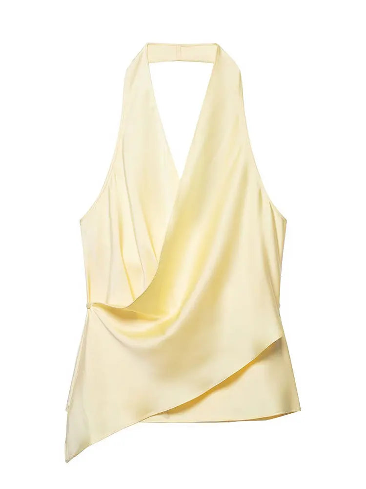HH Women Elegant Satin Halter Neck Top With Draped Cowl Neck Asymmetric Hem Blouse for Woman Summer Casual Party Yellow Tops