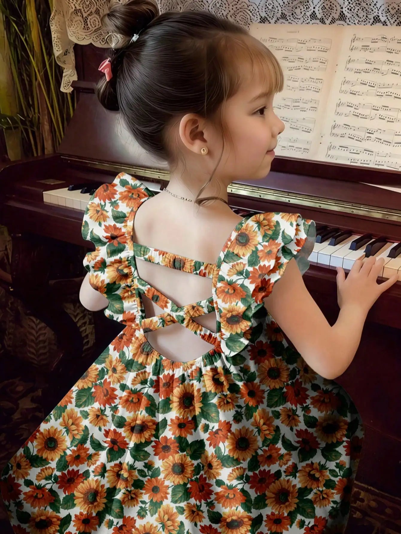 Girls' A-Line Mid-Length Dress with Ruffle Sleeves
