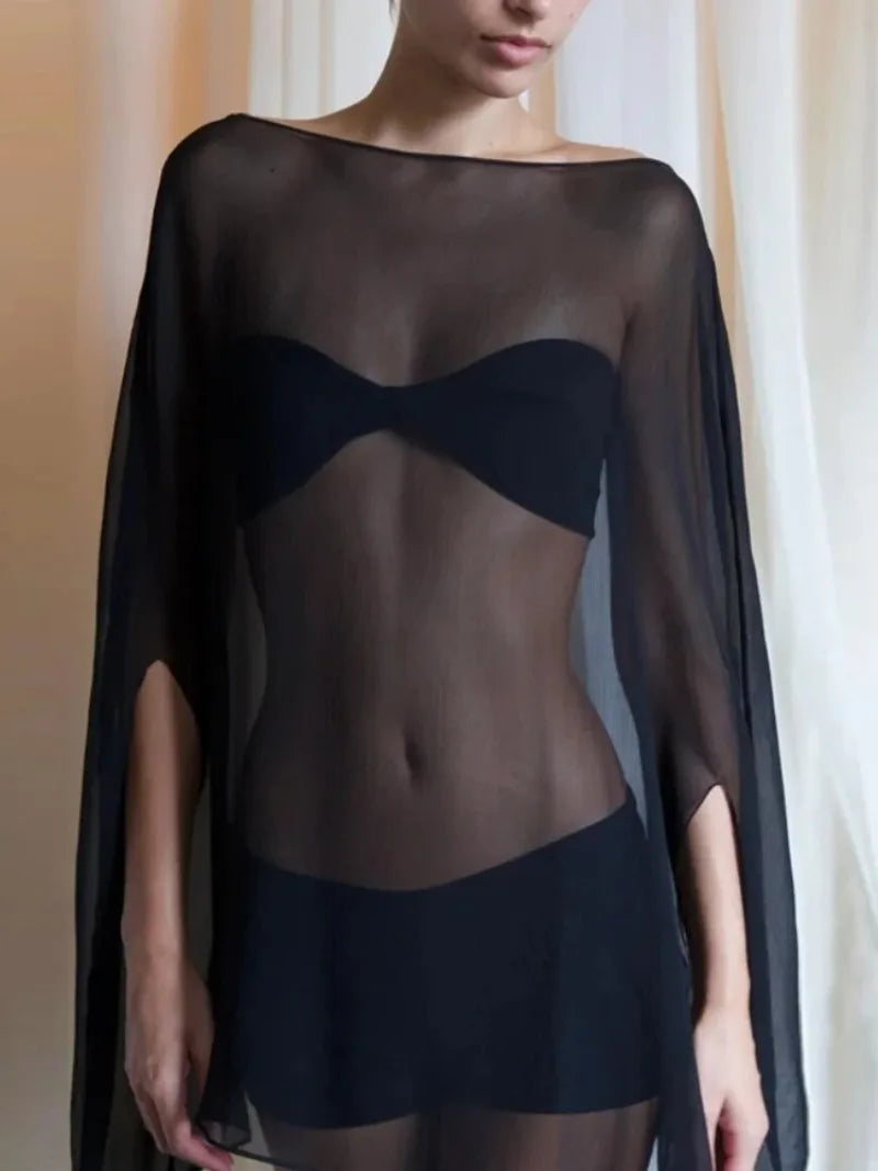 Elegant See-through Chiffon Blouse in Solid Colors for Women