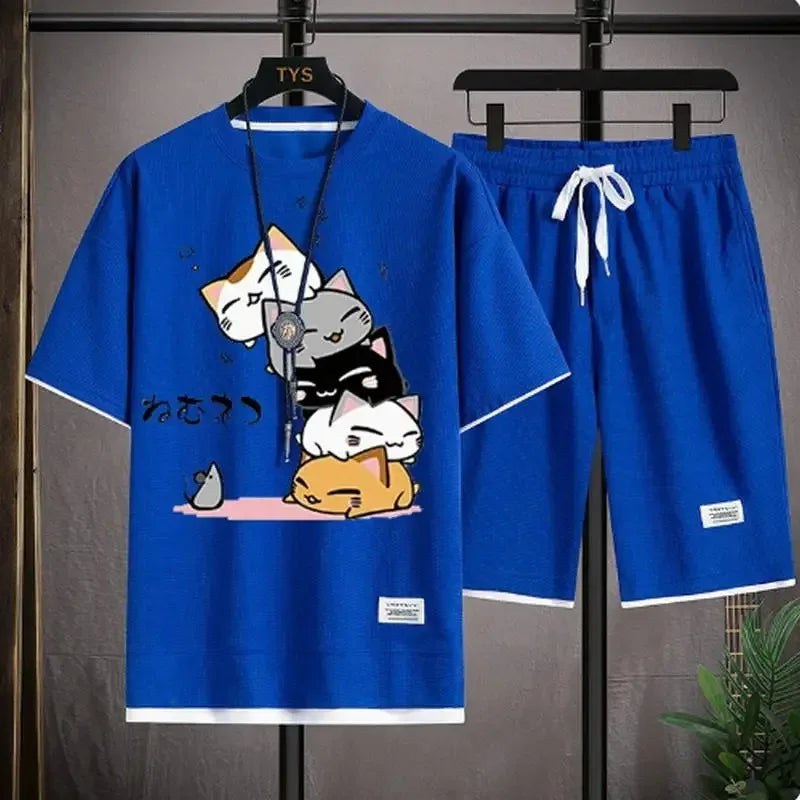 Men's Summer Waffle Set Brand Fashion Casual T-shirt+Shorts Set Men's Sports Set Loose ComfortableSlo Two-piece Set