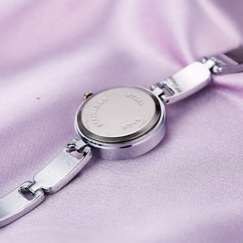 Elegant Rose Silver Quartz Bracelet Watch for Women