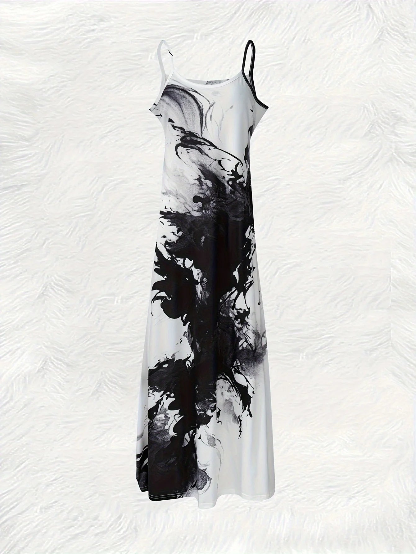 Black and White Abstract Marble Print Maxi Dress for Women