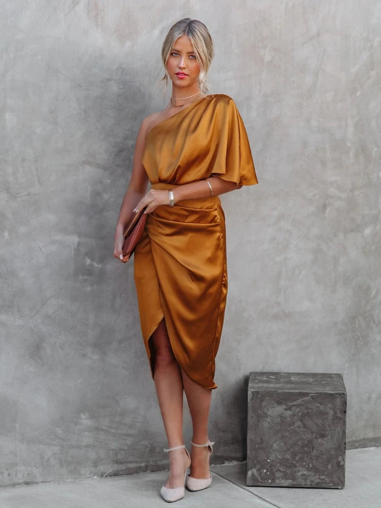 Asymmetrical Black Satin Summer Dress for Women