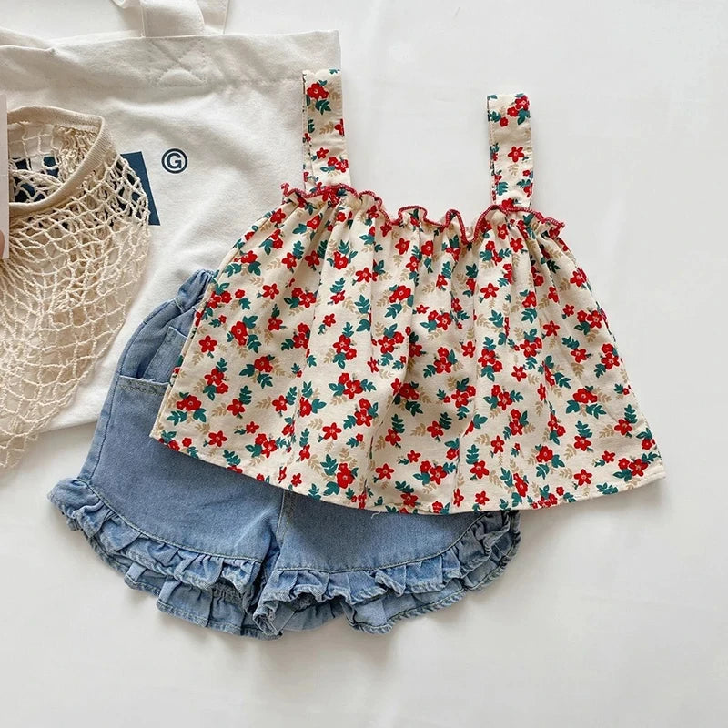 Floral Suspender Skirt and Shorts Set for Summer Girls