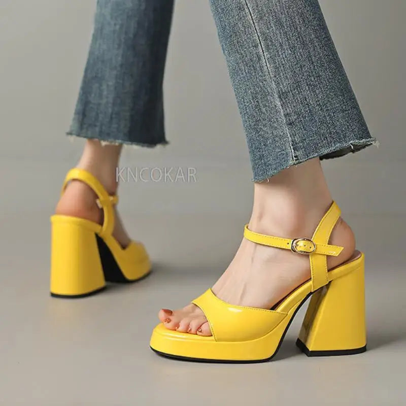 KNCOKAR Women's Microfiber Platform Sandals with Square Heels