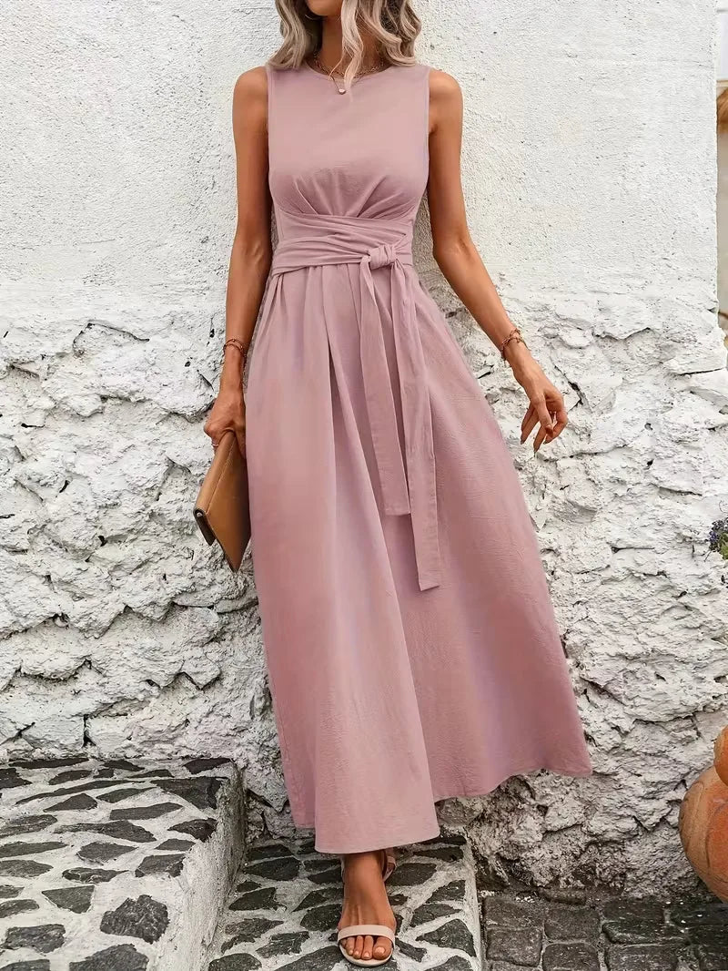 Elegant A-Line Midi Dress for Women in Solid Color
