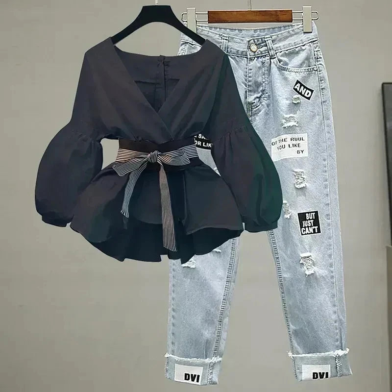 Elegant Women V-Neck Chiffon Shirt and Ripped Jeans Set