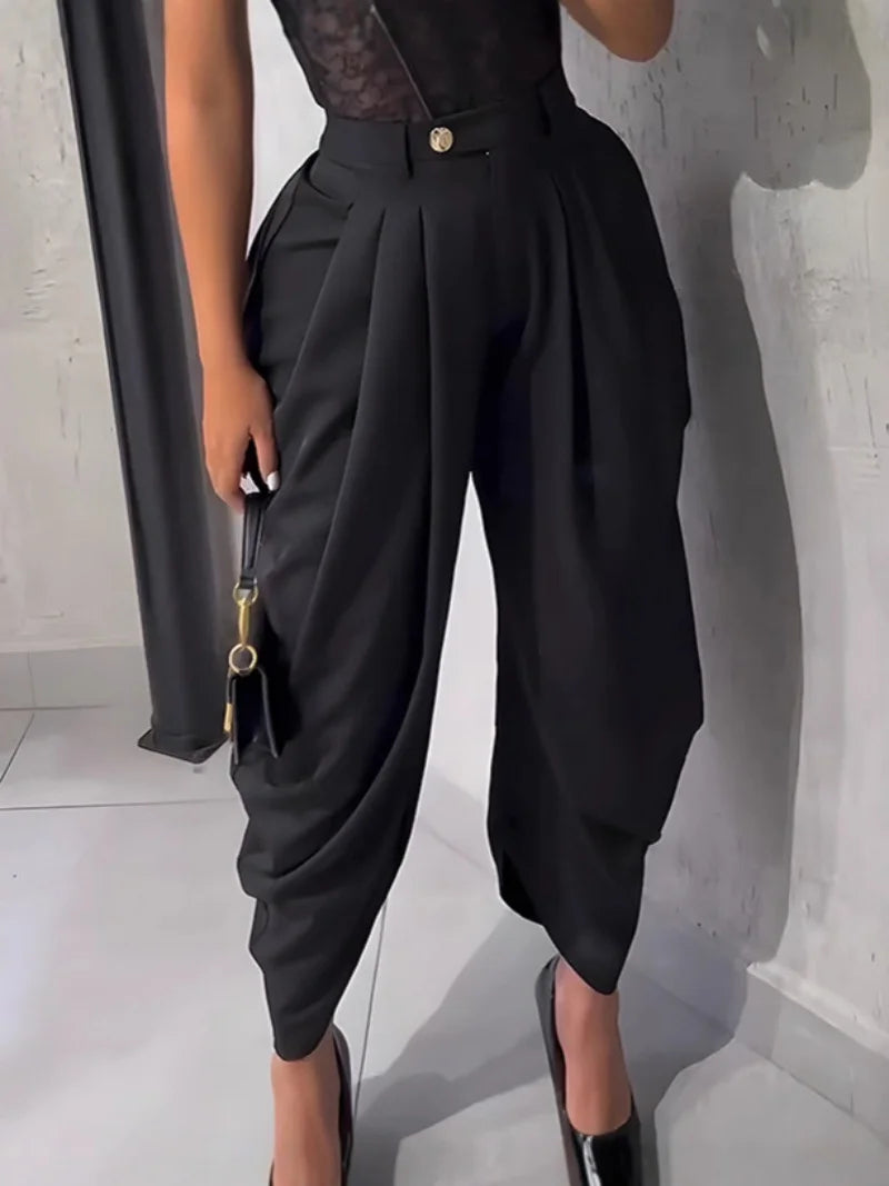 High Waist Solid Color Pleated Pants for Women by LINLING