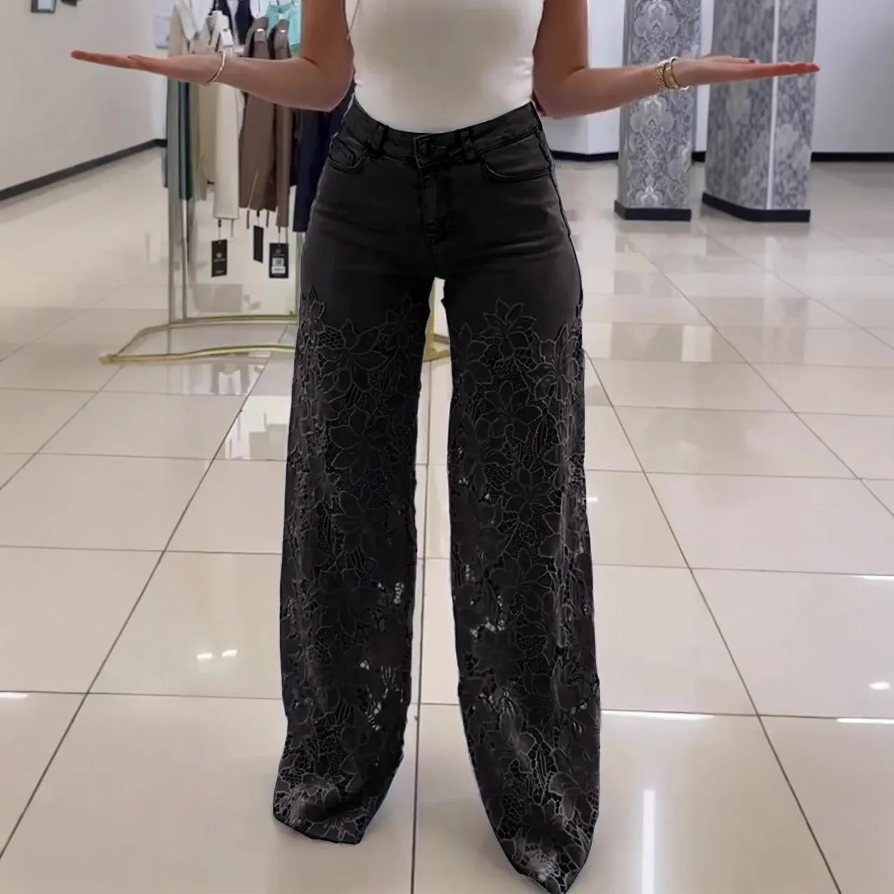 Lace Hollowed Out Wide Leg Jeans for Women in Solid Colors