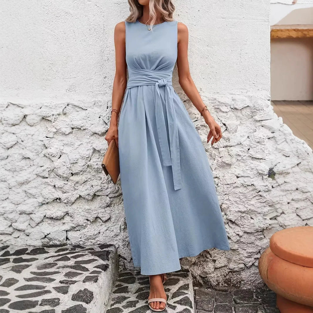 Elegant A-Line Midi Dress for Women in Solid Color