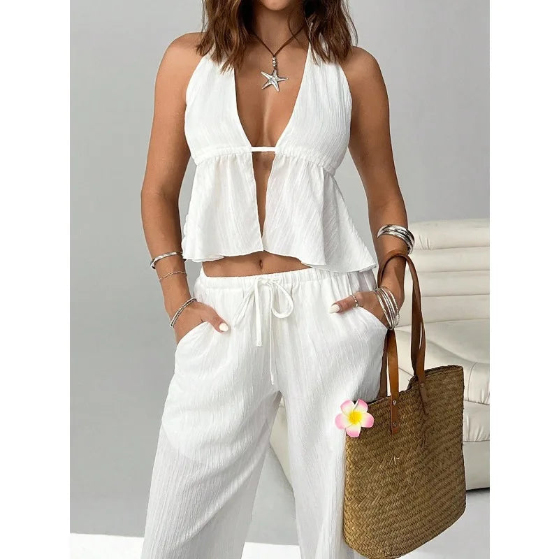 Chic Halter Backless Crop Top and Wide Leg Pants Set
