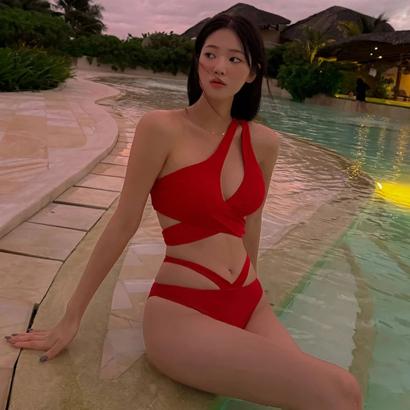 Solid Red One Shoulder Bikini Set for Women by wisuwore