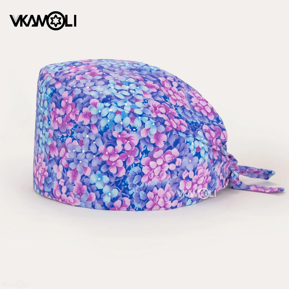 Adjustable Cotton Flower Print Scrub Caps for Women and Men